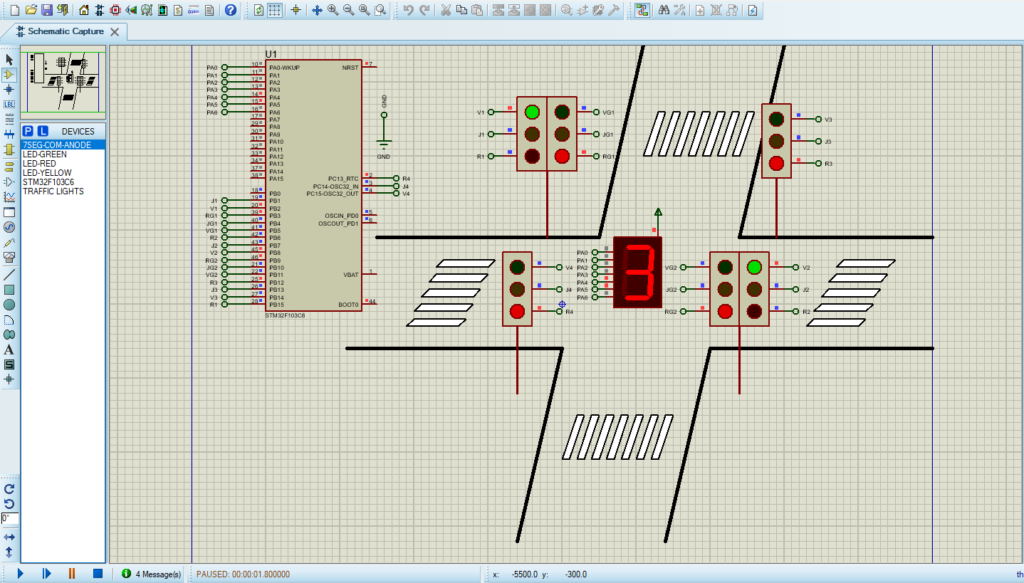 Circuit diagram for Traffic Intersection Controller using STM32 microcontroller in Proteus simulation environment.