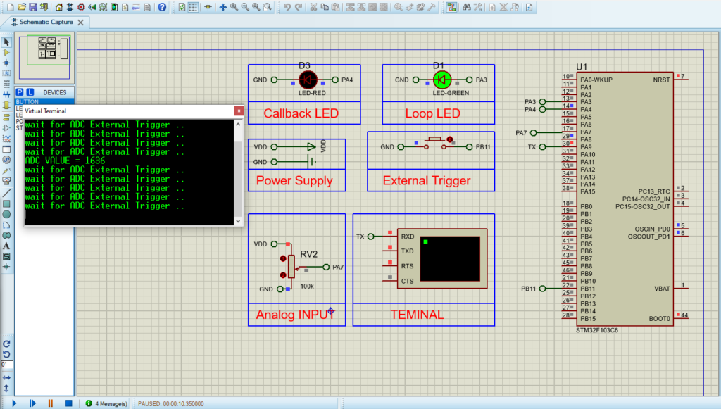 Circuit diagram of STM32 External Trigger ADC in Proteus simulation for precise data acquisition