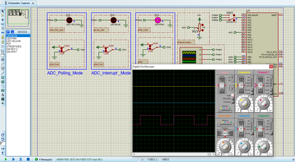 STM32 ADC Circuit Diagram and Simulation Results for Polling, Interrupt, and DMA Modes