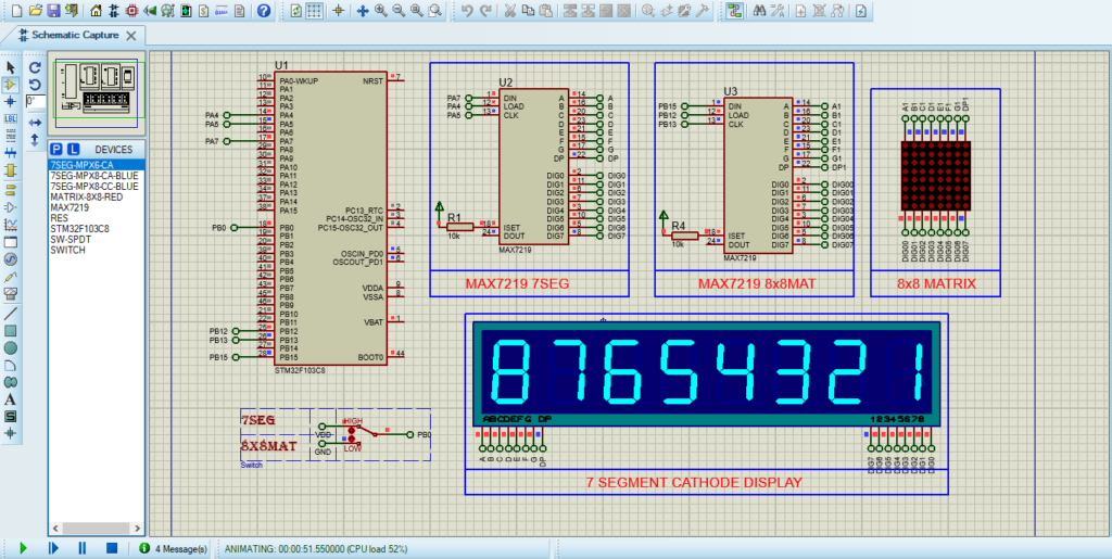 Interfacing Multiple Displays through MAX7219 with STM32 Circuit Simulation