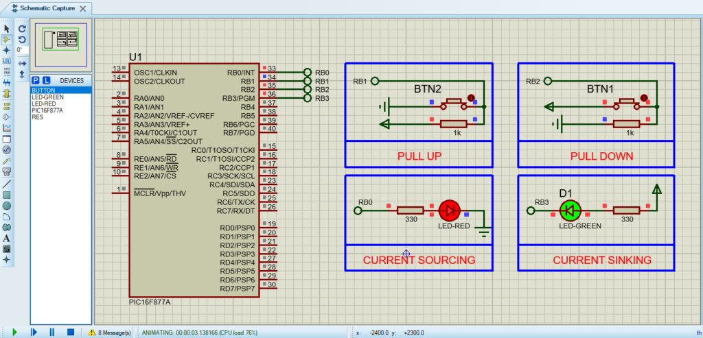 PIC16F877 microcontroller circuit diagram in Proteus simulation with I/O GPIO ports configuration