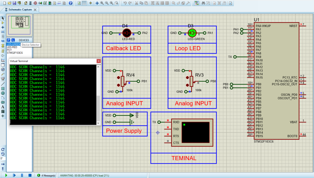 Circuit diagram for STM32 ADC Scan Mode in Proteus simulation