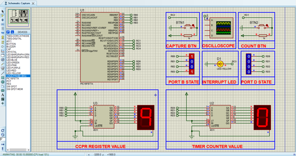 Proteus circuit design for PIC16F877 Capture and Compare Mode simulation