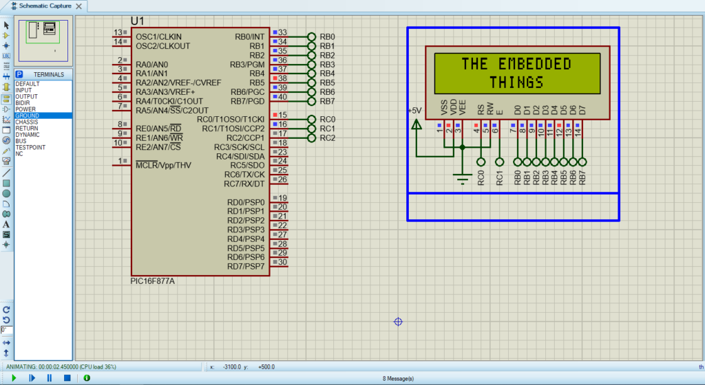 Circuit diagram for interfacing PIC16F877A with a 16×2 LCD in Proteus simulation.