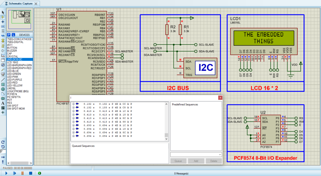 Circuit design for Proteus simulation showing PCF8574/74A I2C configuration with PIC microcontroller and 16x2 LCD.