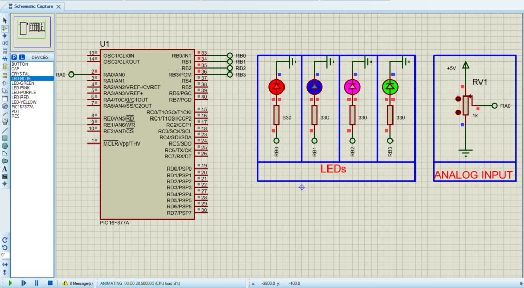 Circuit diagram of PIC16F877 ADC in Proteus simulation.