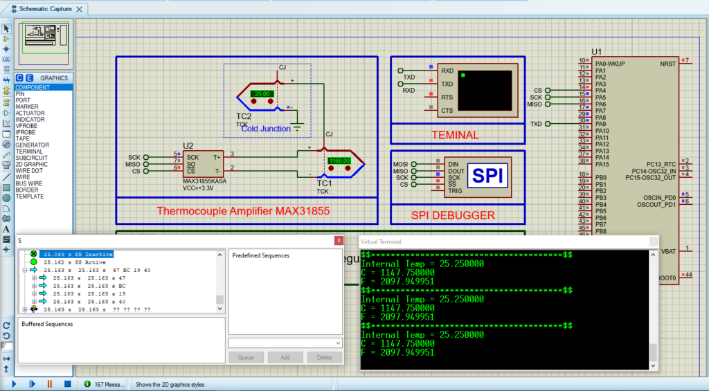 Circuit diagram for STM32 and MAX31855 Type K thermocouple interface.