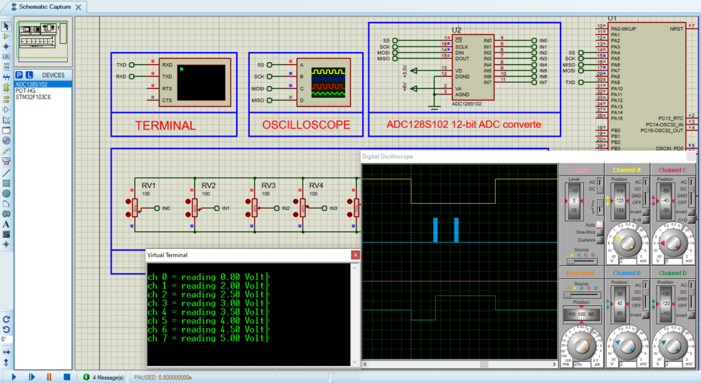 Proteus Circuit Diagram for ADC128S102 with STM32 Simulation