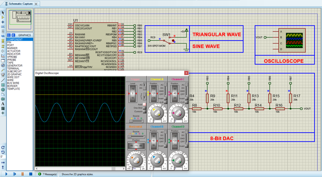 PIC16F877 DAC circuit simulation in Proteus.