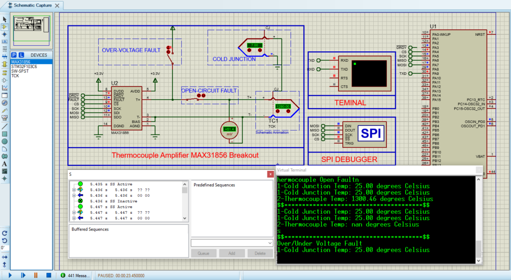 STM32 with MAX31856 thermocouple interface for temperature measurement.