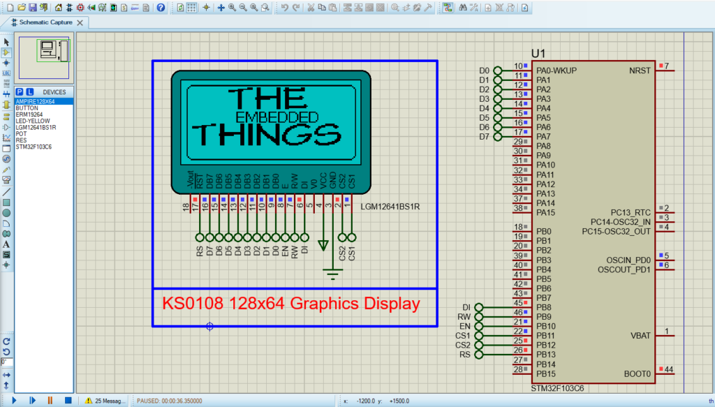 STM32 and KS0108 LCD circuit in Proteus Simulation