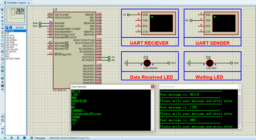 Circuit simulation of PIC16F877 UART in Proteus.