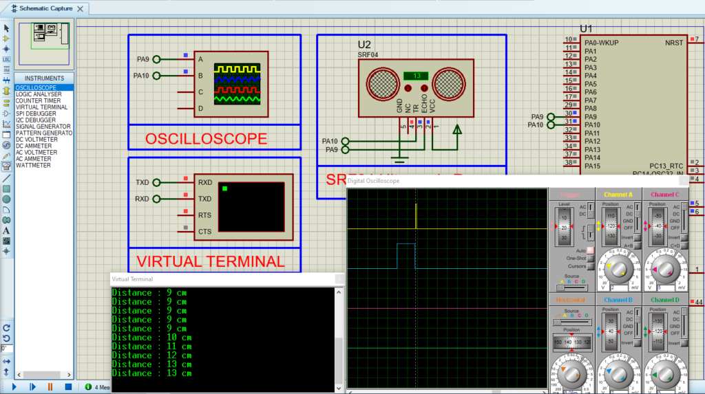 STM32 Ultrasonic Sensor connection with HC-SR04 for accurate distance measurement.