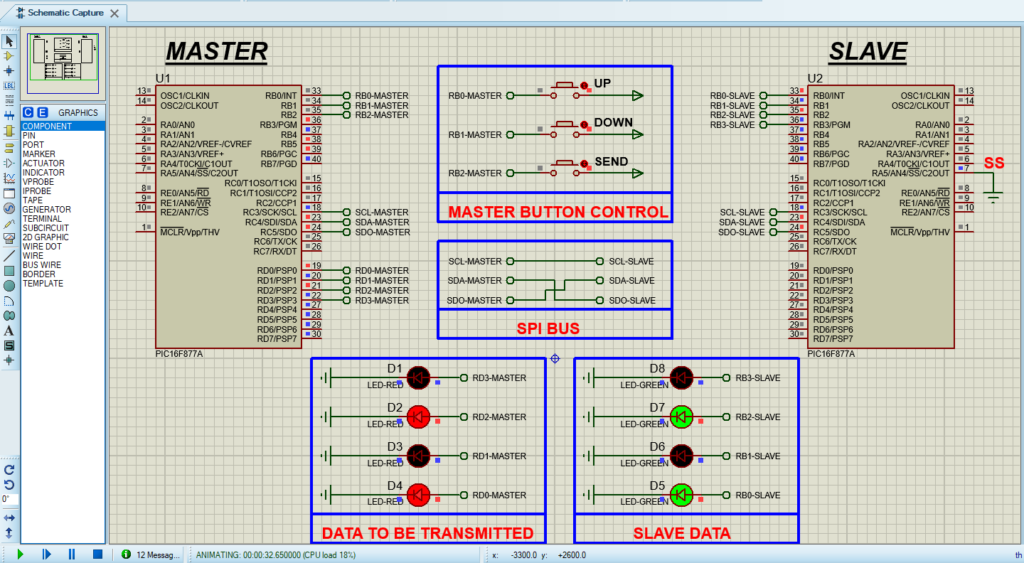 PIC16F877 SPI Proteus simulation circuit design with detailed wiring connections