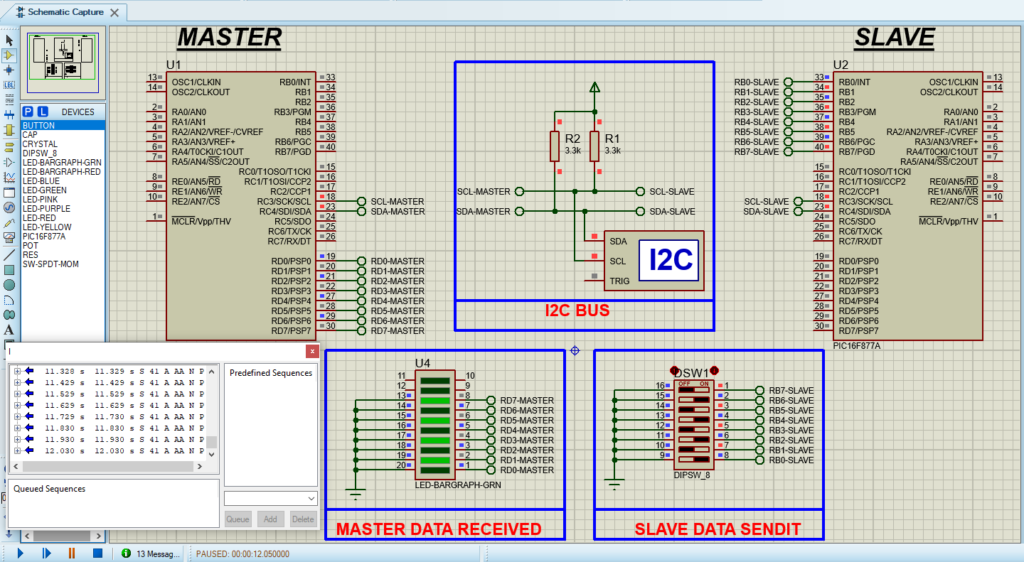 PIC16F877 microcontroller circuit diagram for I2C communication in Proteus simulation.