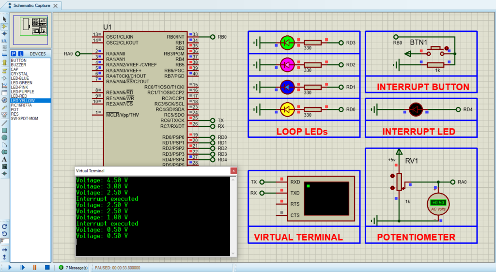 Proteus circuit diagram for PIC16F877 interrupt implementation