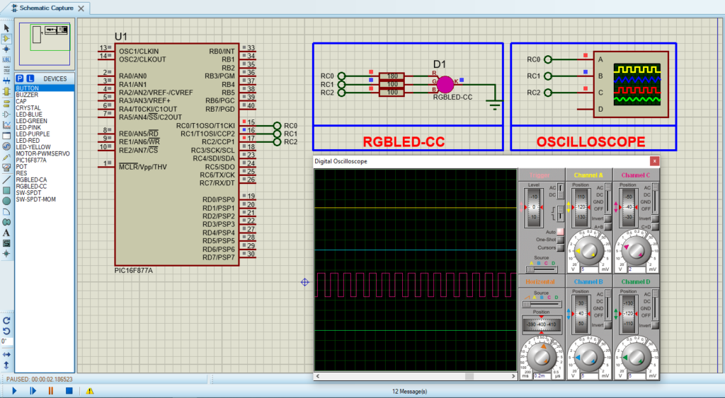 Circuit design for PIC16F877 PWM in Proteus simulation.