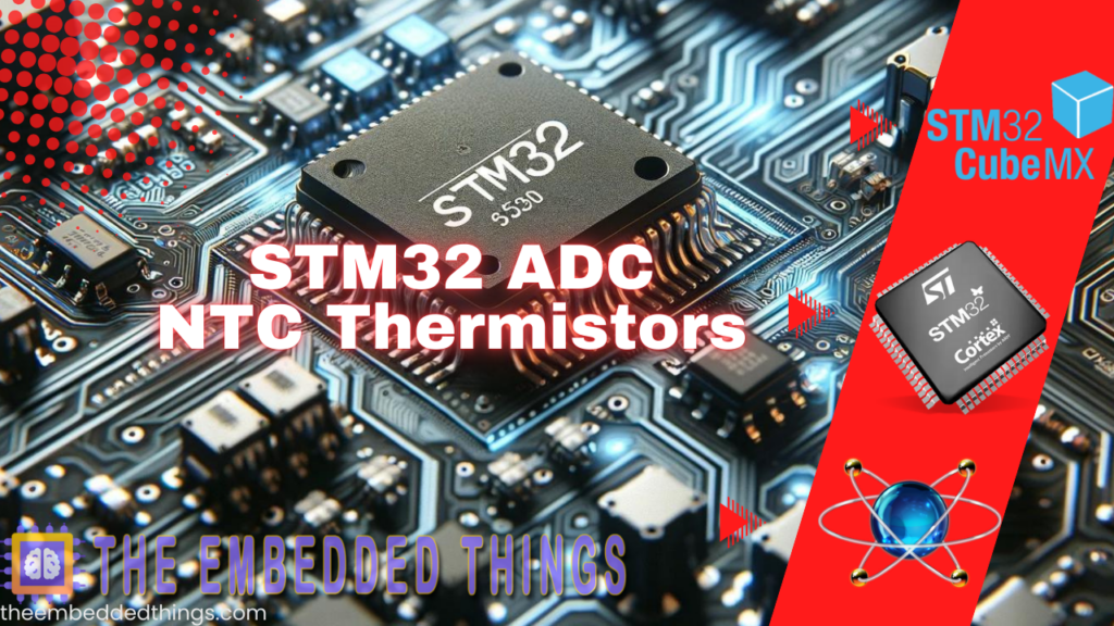 STM32 microcontroller interfaced with NTC thermistors using ADC for temperature measurement.