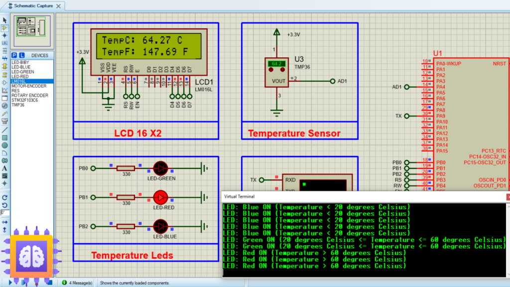 Circuit design simulation of STM32 with TMP36 Temperature Sensor in Proteus