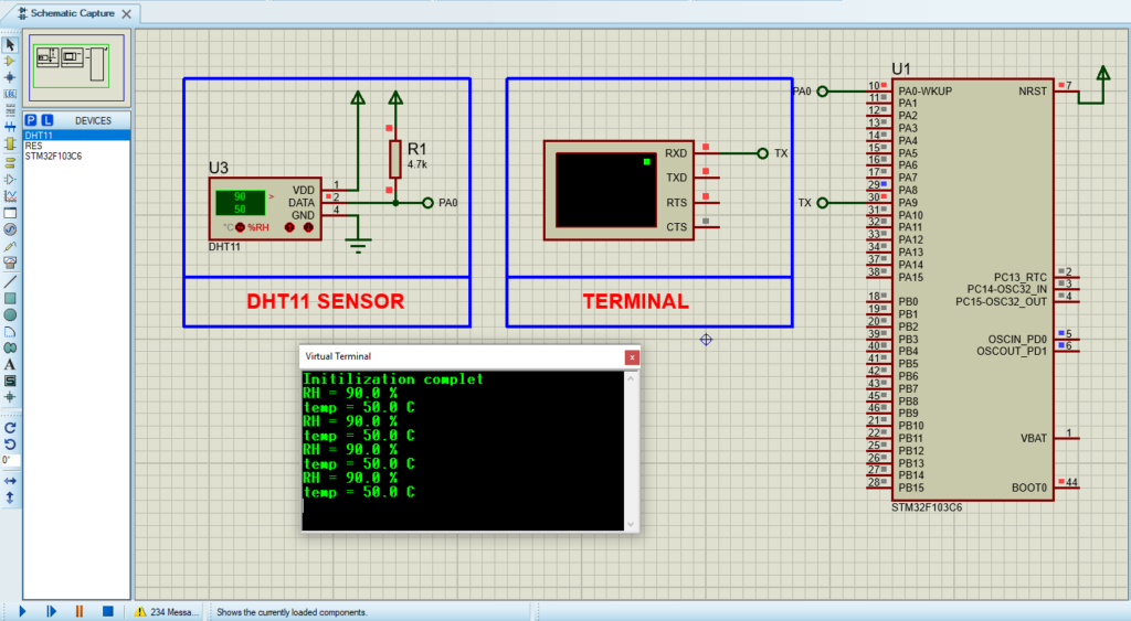 Circuit diagram showing the integration of DHT11 Sensor with STM32 microcontroller.