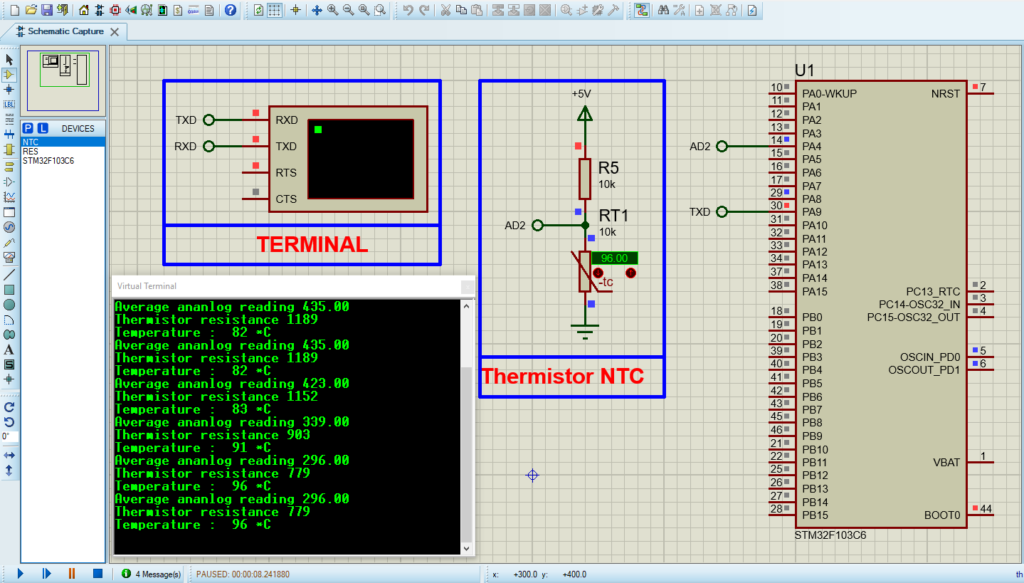 Circuit design simulation for STM32 microcontrollers using thermistors for temperature sensing.