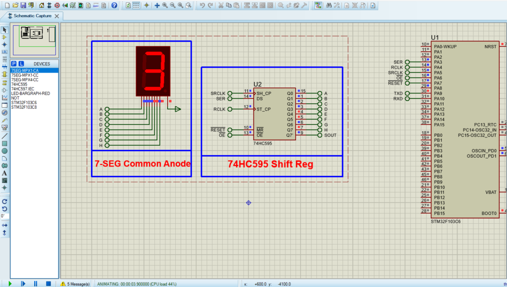 STM32 connected to 74HC595 shift register for controlling 7-segment display