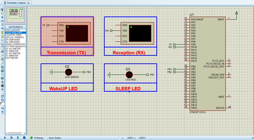 Proteus simulation circuit design for STM32 Sleep Modes.