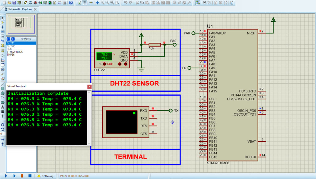 Circuit design for interfacing STM32 with DHT22 sensor in Proteus simulation.