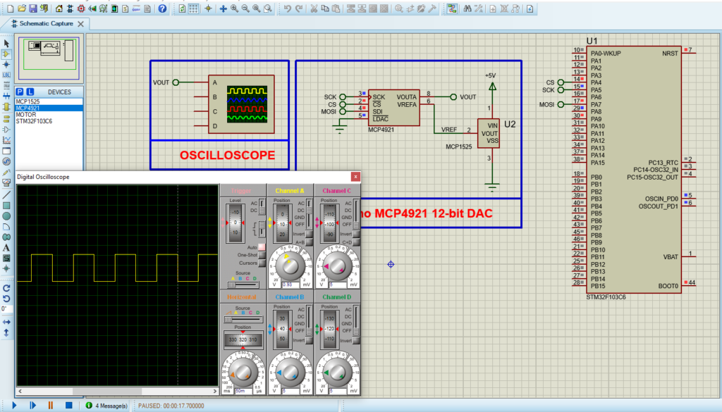 Circuit design for STM32 interfacing with MCP4921 12-bit DAC.