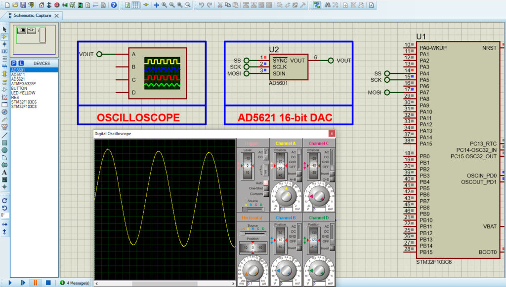 Circuit design for STM32 AD5621 DAC project in Proteus simulation.