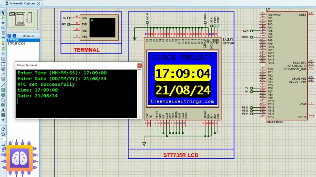 Circuit design for Real-Time Clock (RTC) with STM32 in Proteus simulation