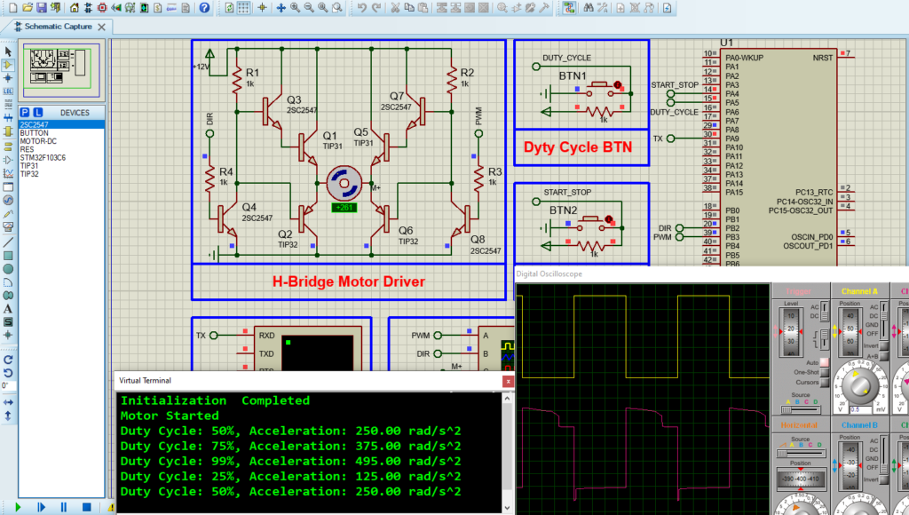 Circuit Diagram for STM32 H-Bridge Motor Driver in Proteus Simulation