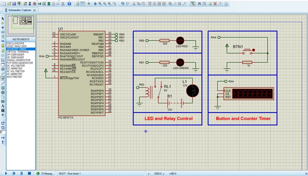 PIC16F877 Timer Counter Mode circuit design for Proteus simulation.