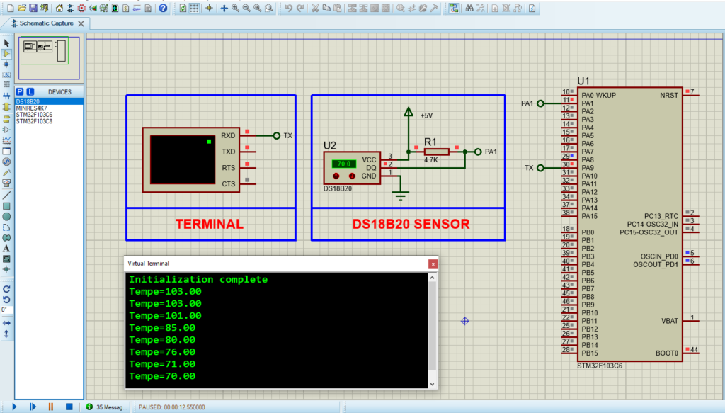 Proteus simulation of STM32 microcontroller interfacing with DS18B20 temperature sensor