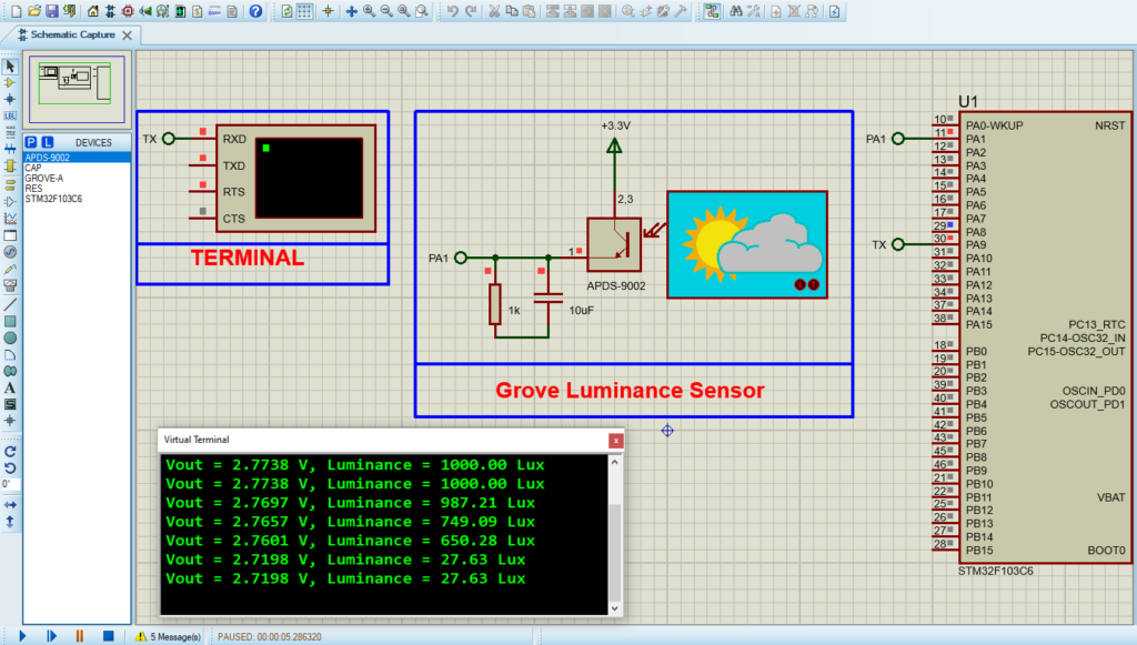 Circuit design for STM32 APDS-9005 Proteus simulation