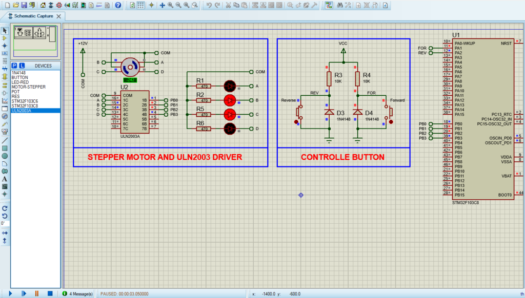 Circuit diagram for controlling the 28BYJ-48 stepper motor with the ULN2003 driver in Proteus simulation.