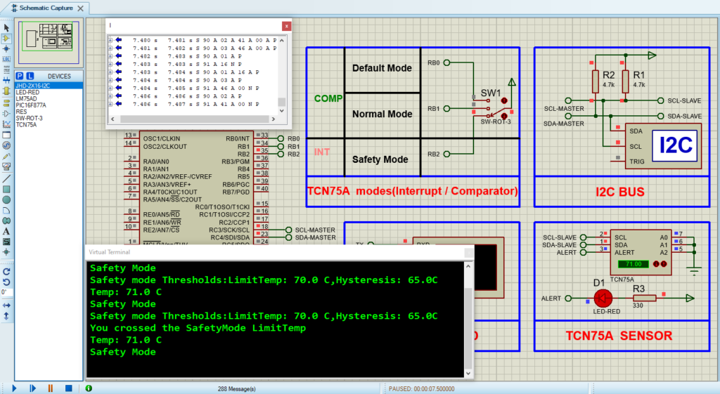 Circuit design of the TCN75A I2C temperature sensor in the Porteus 8 simulator for testing and simulation.