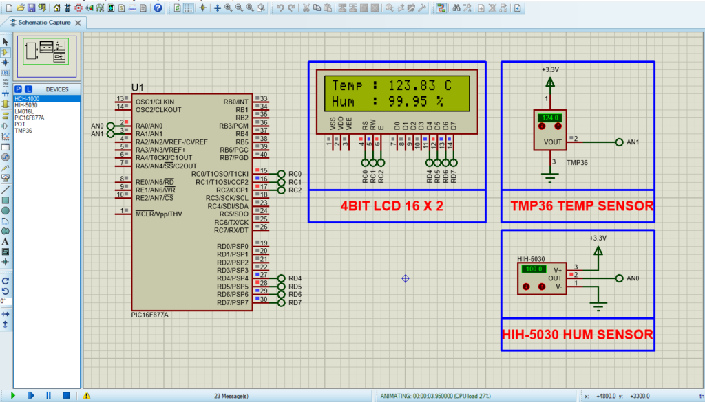 Proteus simulation circuit design for PIC16F877 Sensor Integration with HIH-5030 and TMP36 sensors.