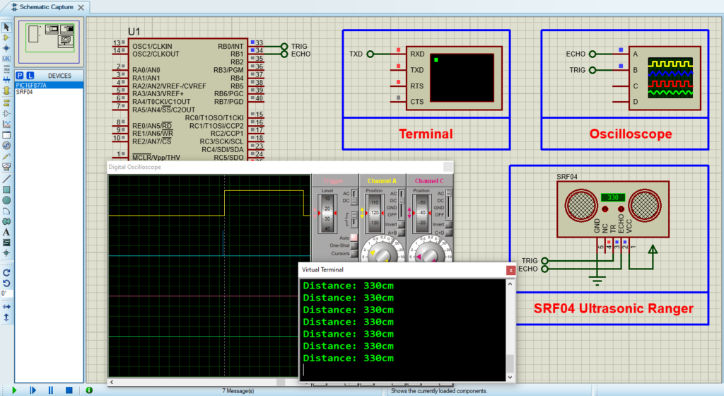 Circuit design for PIC16F877A Ultrasonic Sensor Interface in Proteus simulation