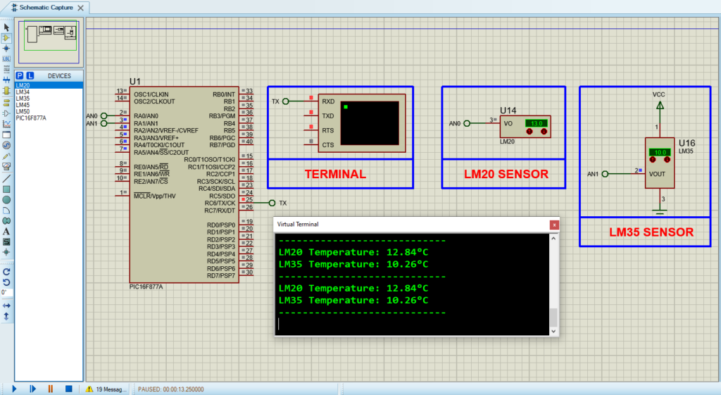 Proteus circuit design for LM20 and LM35 temperature sensors simulation with PIC microcontroller