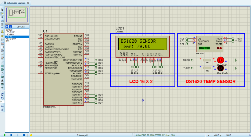 Proteus Simulation Circuit Design for DS1620 Digital Thermometer