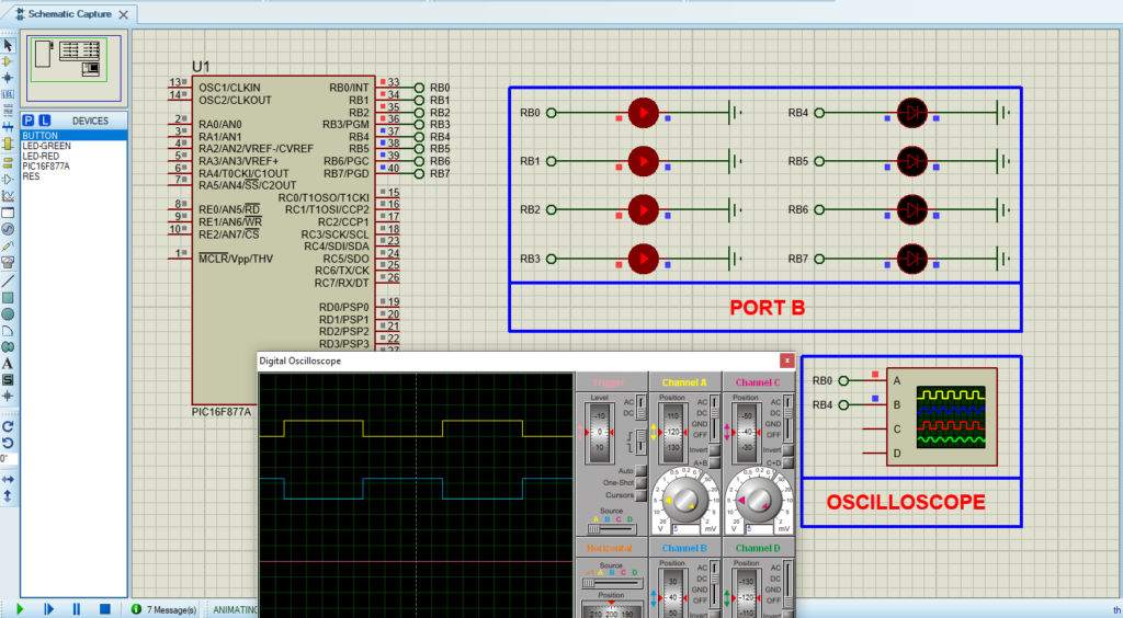 Circuit design of a PIC16F877 Watchdog Timer (WDT) in Proteus Simulation