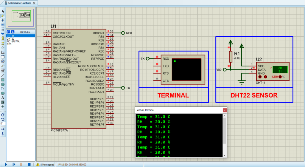 DHT11 Sensor Circuit Design with PIC16F877 in Proteus 8 Simulation