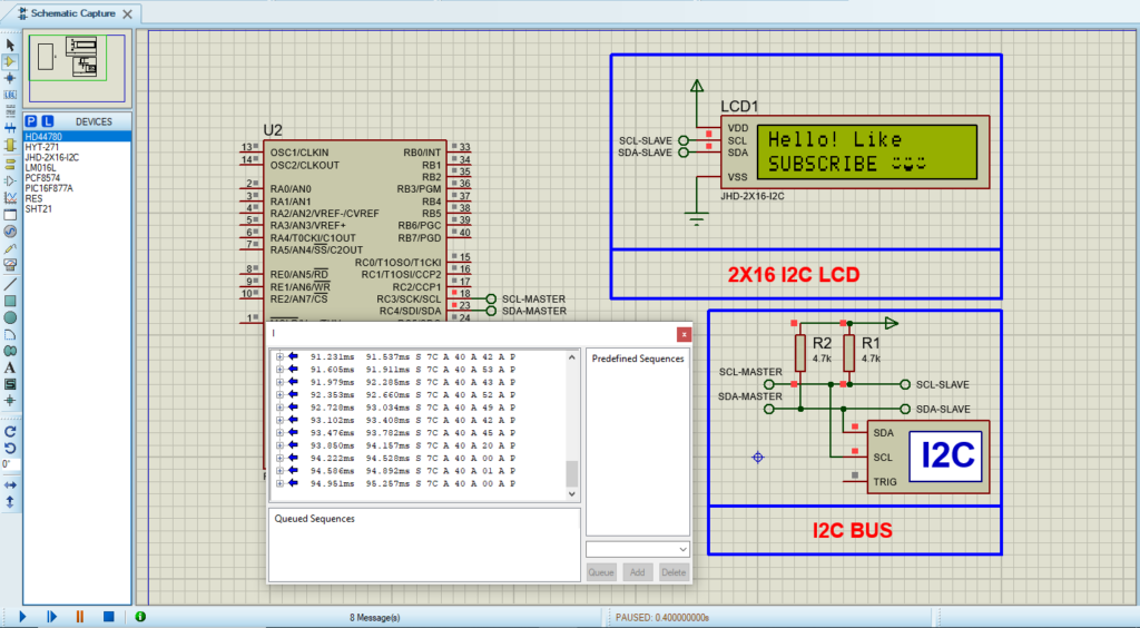 Proteus simulation circuit design for interfacing PIC16F877 with the JHD-2X16-I2C LCD module powered by the HD44780 controller.