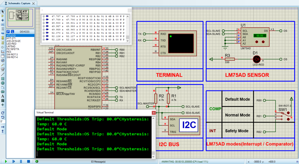 Circuit design for the LM75A temperature sensor project simulated in Proteus 8