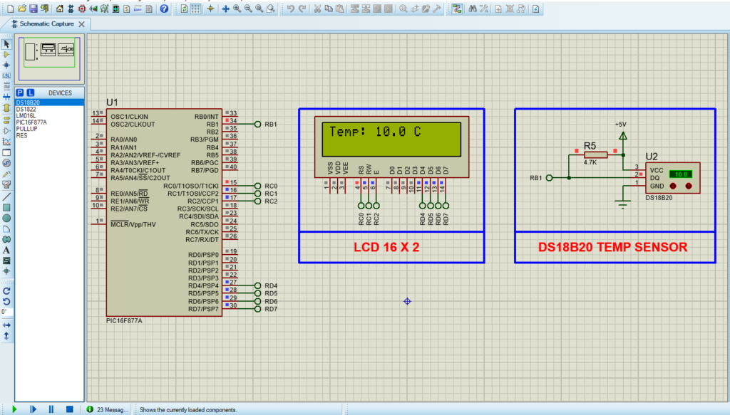 PIC16F877 DS18B20 Circuit Design in Proteus 8