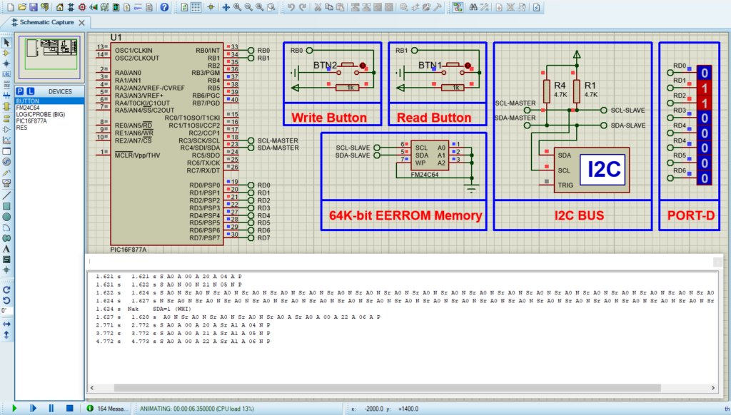 "I2C External EEPROM Circuit Simulation: PIC16F877 with 24C64 in Proteus