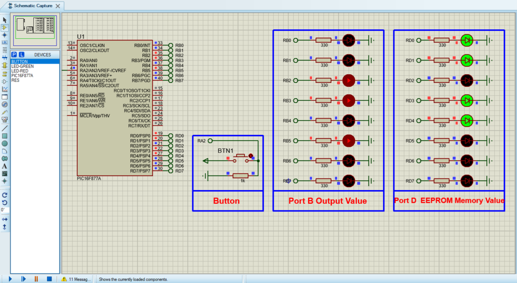 Circuit Diagram for PIC16F877 EEPROM Simulation in Proteus