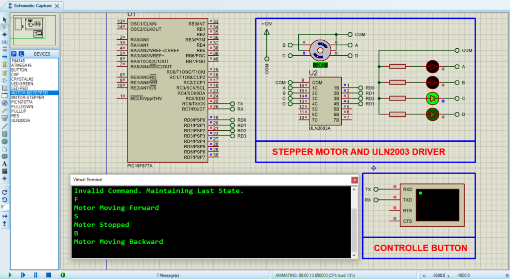 Proteus simulation circuit for PIC16F877A Stepper Motor Control project