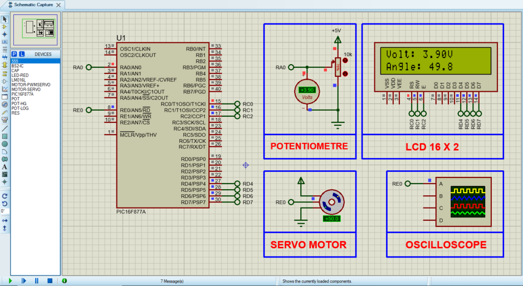 Circuit design for the PIC16F877A Servo Motor Control project simulated in Proteus software.